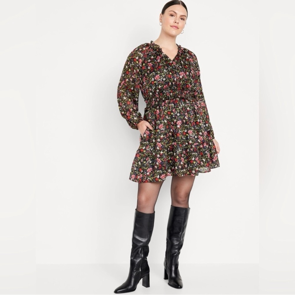 OLD NAVY Waist-Defined Shine Mini Dress - Black FLORAL - XL petite NWT